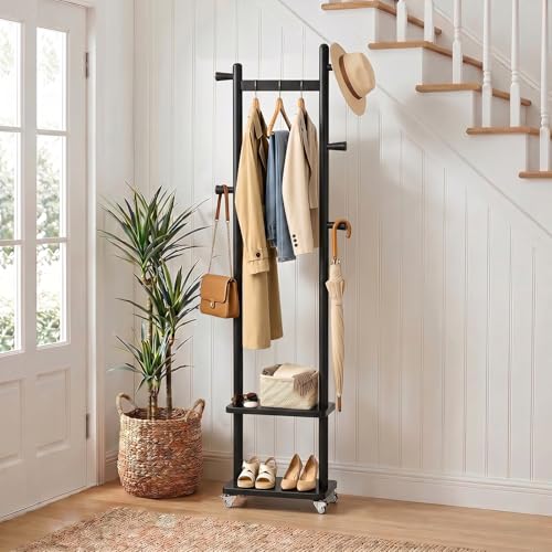 Coat Rack Freestanding Clothing Rack with Wheels & 2 Shelves Storage & 5 Hooks Heavy Duty Clothes Rack Wood Coat Tree Stand Hat Hanger Rack