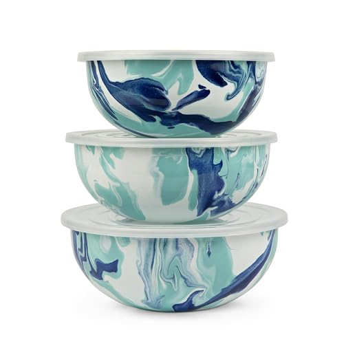 Enamelware Nested Mixing Bowls with Lids (Set of 3 - 3, 3.5 & 4.5 quarts / Lagoon)