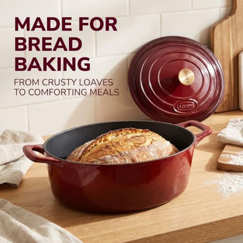 La Cuisine Enameled Cast Iron Oval Dutch Oven Casserole Dish Pot with Lid 6.75 QT Internal Matt Black Enamel Coating Gold (6.75 QT Oval / Cranberry)