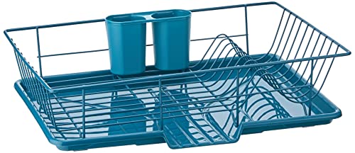 3 Piece Dish Drainer Rack Set with Drying Board and Utensil Holder (Teal)
