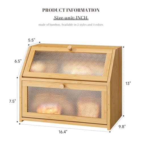 Bread Box for Kitchen Countertop Bin Double Layer Bread Box Storage Container Extra Large Capacity Farmhouse with Diamond Pattern Windows (Natural / Large)