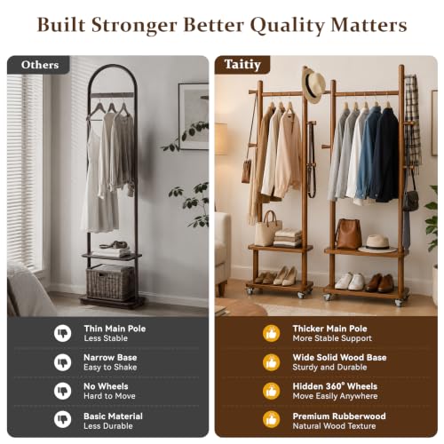 Coat Rack Freestanding Clothing Rack with Wheels & 2 Shelves Storage & 5 Hooks Heavy Duty Clothes Rack Wood Coat Tree Stand Hat Hanger Rack