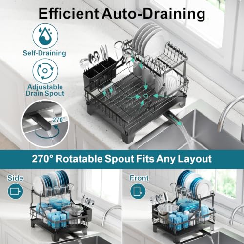 Dish Rack for Kitchen Counter (Black / 2-Tier, 16.9" W)