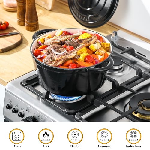 7.5 QT Enameled Cast Iron Dutch Oven Pot with Lid (Black / 7.5QT-Round)