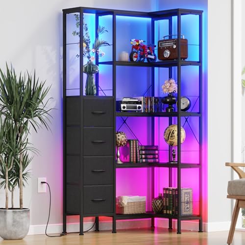 Corner Bookshelf with LED Light Strips & 4 Fabric Drawers