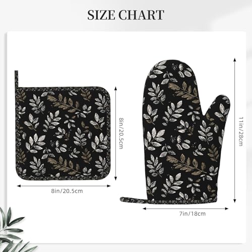 Oven Mitts Pot Holders Set Boho Black Leaf Pattern Silicone Kitchen Gloves Potholders Heat Resistant for Chef Baking Cooking Grilling BBQ 4 Pack Mitt (B0112)