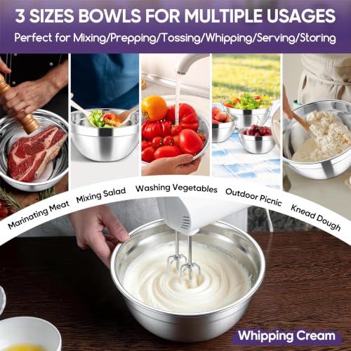 Stainless Steel Mixing Bowls with Lids Set of 3 (Black / 4.6, 3, 1.5QT)