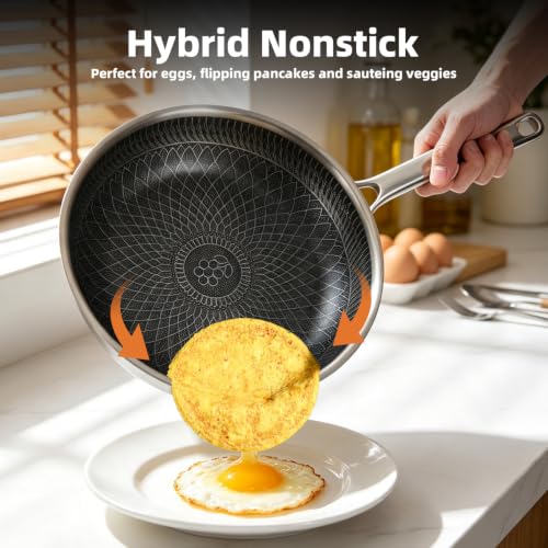 8/10/12 Inch 3-Piece Honeycomb Skillet Set with Glass Lids, Stainless Steel Nonstick Pans, Stay-Cool Handles, PFOA PFOS Free, Induction, Oven Safe 437°F (225°C) All Stoves (8/10/12inch with lid)