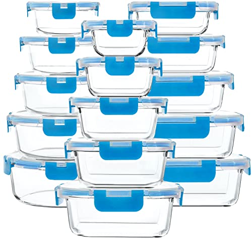 30 Piece Extra Large Glass Food Storage Containers with Lids (Blue)