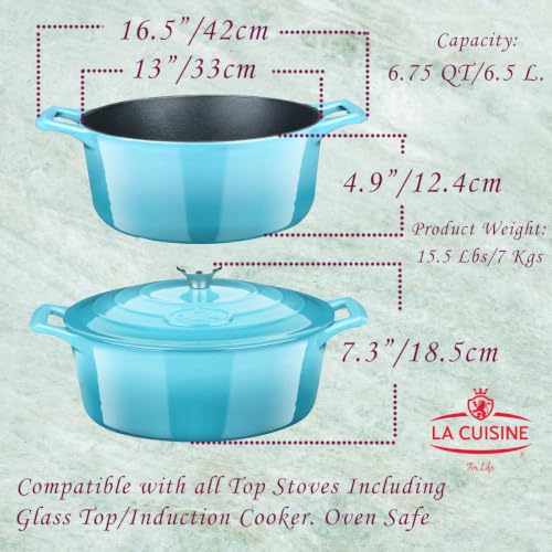 La Cuisine Enameled Cast Iron Oval Dutch Oven Casserole Pot with Lid 6.75 QT Internal Matte Black Enamel Coating for bread baking For GlassTop Oven (6.75 QT Oval / Teal)