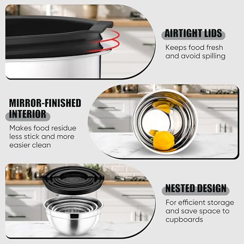 Metal Mixing Bowls with Lids Set (Black / Airtight Lids)