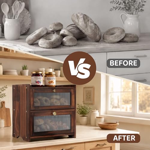 Wooden Bread Box with Acrylic Window for Kitchen Countertop (2 Layer)