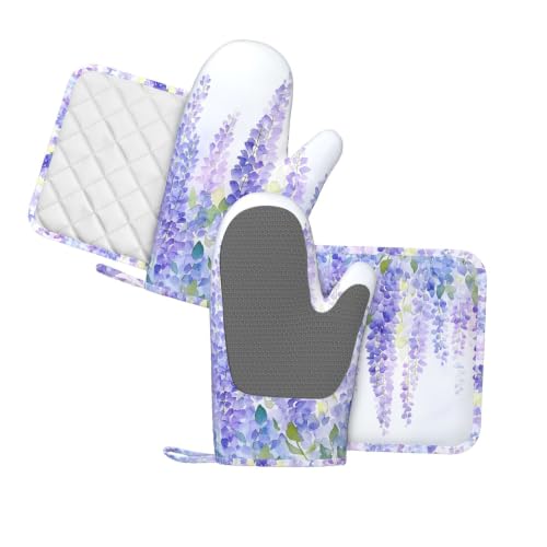Oven Mitts and Pot Holders Set Lavender Flower Floral Silicone Kitchen Accessories 4 Piece Heat Resistant Long Gloves Potholder Non (C08)
