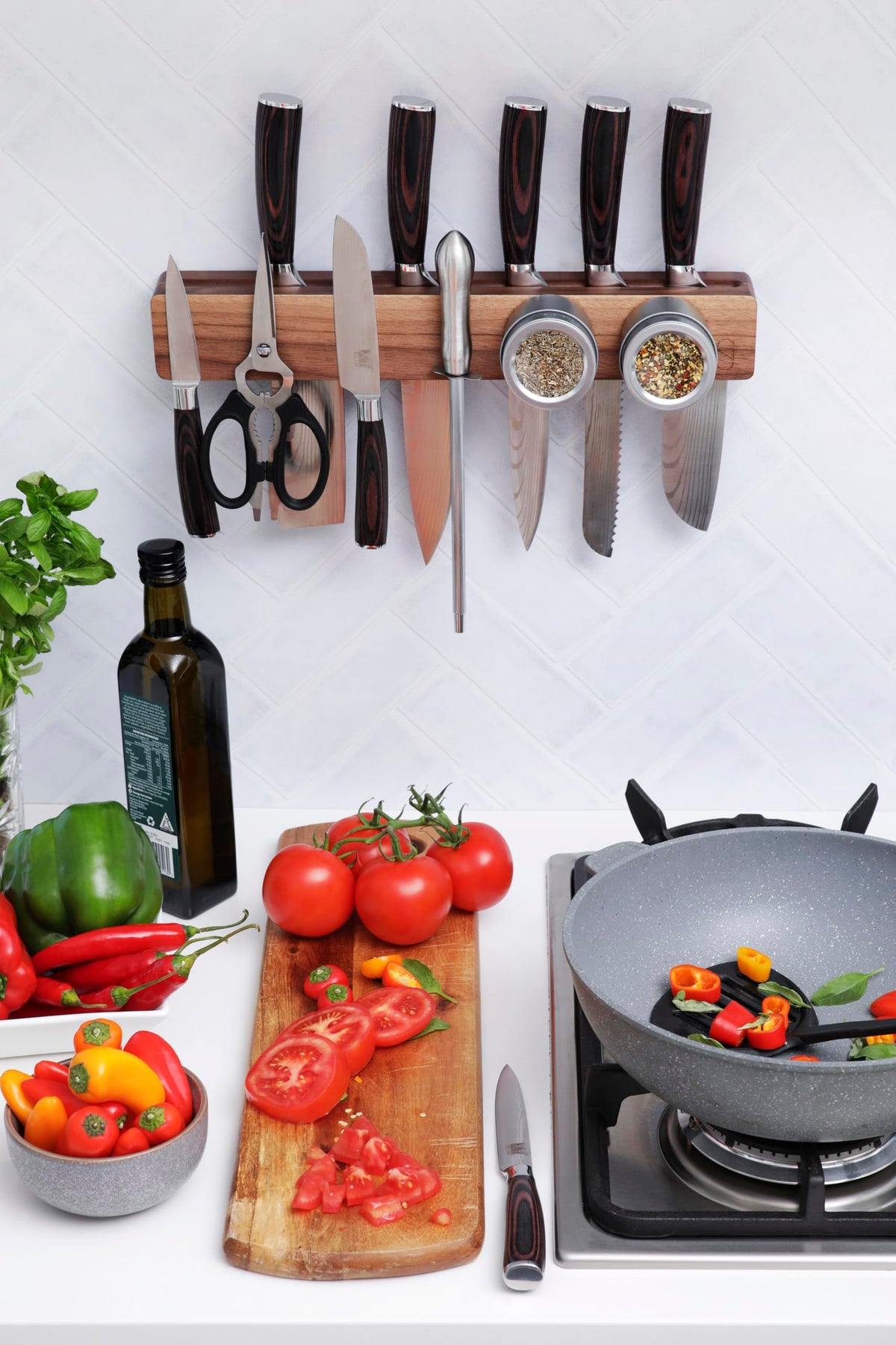 Walnut 16 inch Magnetic Knife Holder for Wall with 2x Storage & Charming Wood (Walnut Wood / 16" w/ Wall Mount)