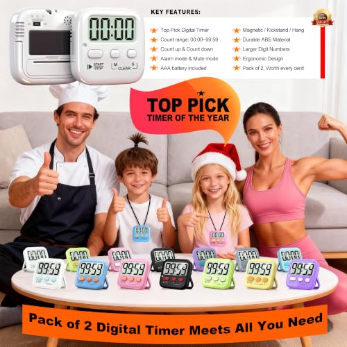 2 Pack Digital Timer for Kids Classroom Kitchen Timers for Cooking (2 * Pure White)