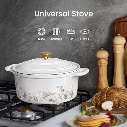 Cast Iron Dutch Oven Pot with Lid (White Bird & Floral / 5QT)