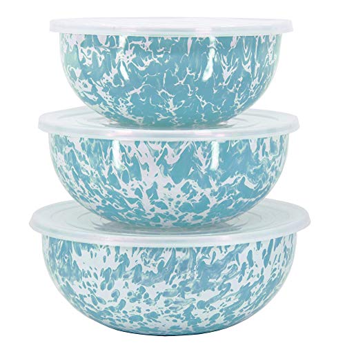 Enamelware Nested Mixing Bowls with Lids (Set of 3 - 3, 3.5 & 4.5 quarts / Sea Glass)