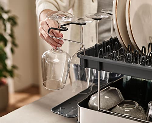 Dish Drying Rack with Wine Glass Holder (2-tier / Gray)