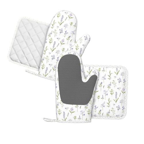 Oven Mitts Pot Holders Set Wildflower Botanical Silicone Kitchen Gloves Potholders Heat Resistant for Chef Baking Cooking Grilling BBQ 4 Pack Mitt (A0616)