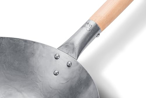 Traditional Hand Hammered Carbon Steel Pow Wok with Wooden and Steel Helper Handle