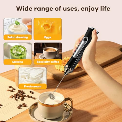 Milk Frother Handheld Rechargeable with Stand Frother Wand Foam Maker 3 Speed Adjustable Hand Mixer with Detachable Stainless 2 Whisks Electric Coffee Frother Stirrer For Latte