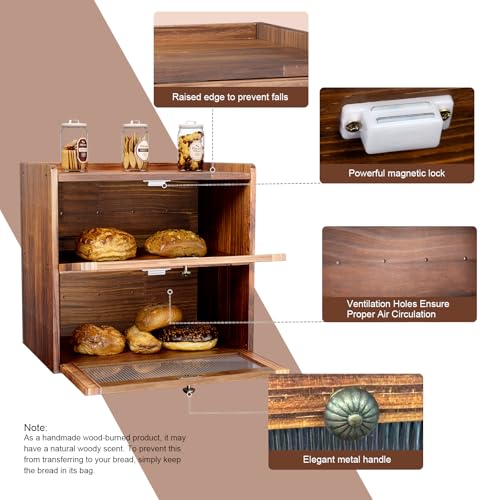 Wooden Bread Box for Kitchen Countertop (Rustic Brown)