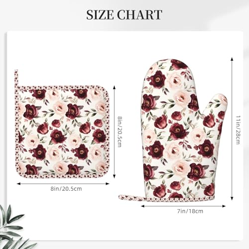 Oven Mitts Pot Holders Set Rose Flower Watercolor Floral Silicone Kitchen Gloves Potholders Heat Resistant for Chef Baking Cooking Grilling BBQ 4 Pack Mitt (C013)
