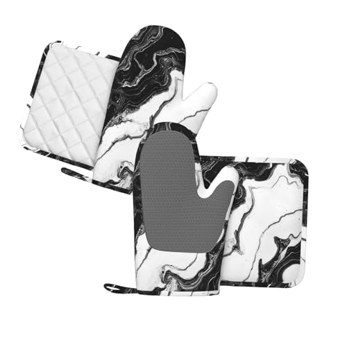 Oven Mitts and Pot Holders Marble Black White Liquid Abstract Silicone Kitchen Accessories Set of 4 Heat Resistant Long Gloves Potholder Non (A0992)