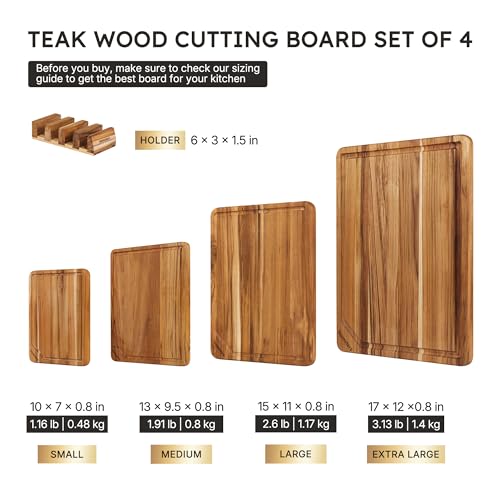 4 Pack Teak Wood Cutting Boards for Kitchen Wooden Chopping Board Non Toxic (Set of 4)
