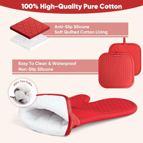 Silicone Oven Mitts Pot Holder Kitchen (Red)