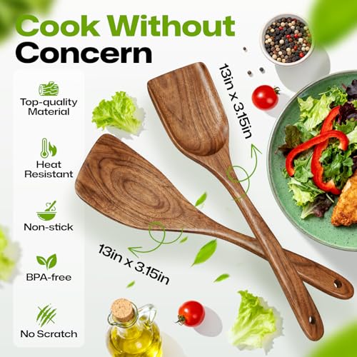 Natural Teak Wood Kitchen Utensil Set with Holder