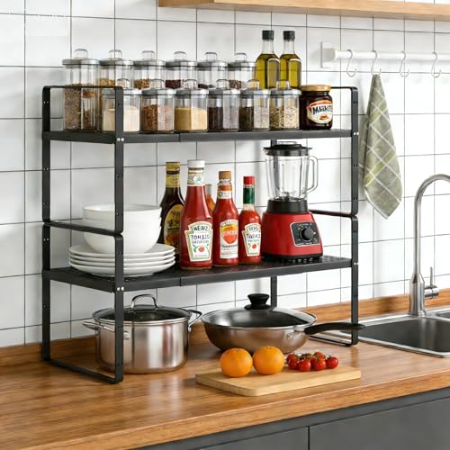 Expandable Cabinet Storage Shelf Stackable Organizer Rack for Kitchen Bathroom Pantry Spice Cupboard Coffee Countertop Home Office Desk Heavy Duty Nonslip
