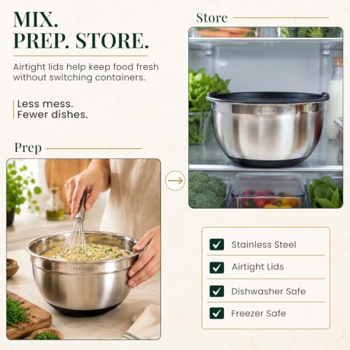 Stainless Steel Mixing Bowls with Airtight Lids Set (Silver/Black / 3 Piece)