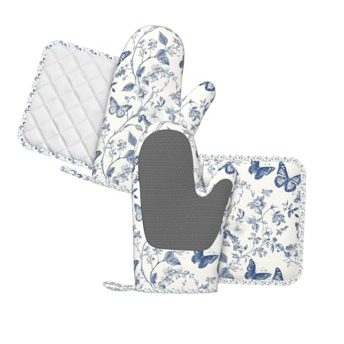 Oven Mitts and Pot Holders Butterfly Flower Vintage Blue Silicone Kitchen Accessories Set of 4 Heat Resistant Long Gloves Potholder Non (A066421)