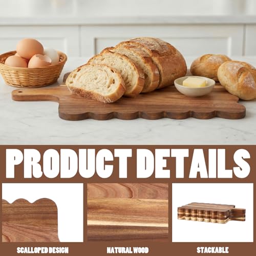 6 Pcs Acacia Wood Scalloped Cutting Boards Set with Handle (15 x 7 inches)