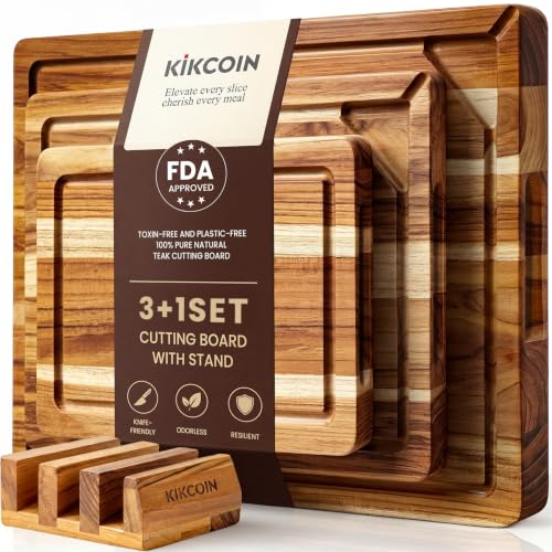 Teak Wood Cutting Board for Kitchen with Storage Stand (Teak brown / 3-Piece Cutting Board Set with Stand)