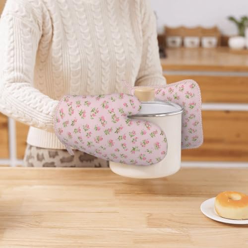 Oven Mitts Pot Holders Set Watercolor Rose Pink Silicone Kitchen Gloves Potholders Heat Resistant for Chef Baking Cooking Grilling BBQ 4 Pack Mitt (A0614)
