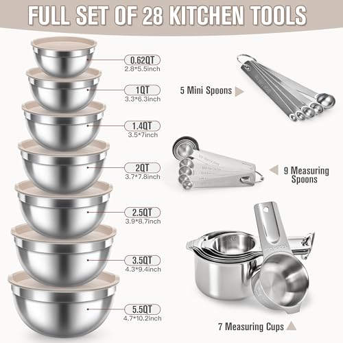 28PCS Mixing Bowls with Airtight Lids Set (Khaki / 7+7+14 - Bowls & Cups & Spoons)