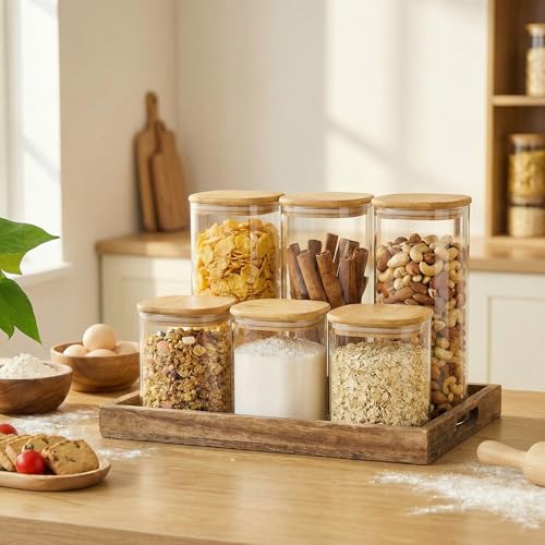Square Glass Jars with Bamboo Lids 34 FL OZ [Set of 6]