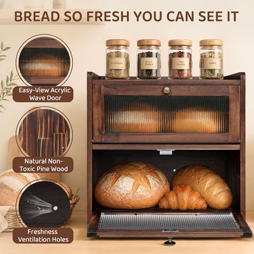Wooden Bread Box with Acrylic Window for Kitchen Countertop (2 Layer)