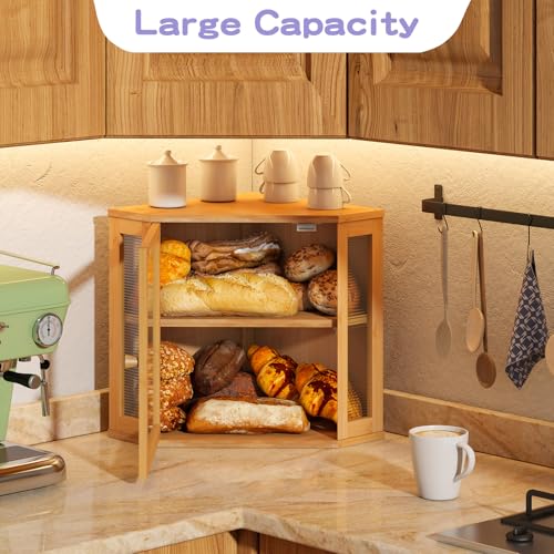 Corner Bread box for Kitchen Countertop (Natural / Meduim)