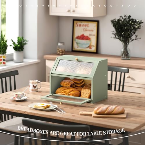 Bread Box for Kitchen Countertop Bin Double Layer Bread Box Storage Container Extra Large Capacity Farmhouse with Diamond Pattern Windows (Green / Large)
