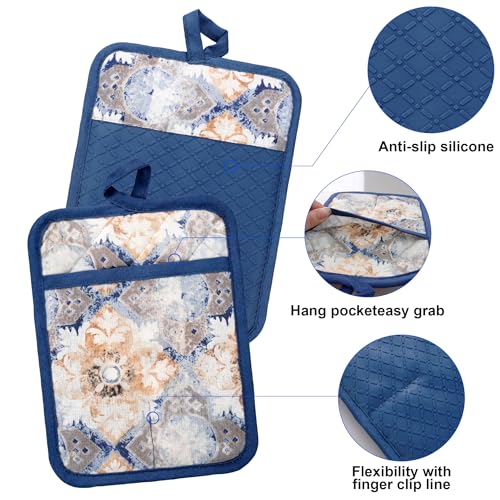 Oven Mitts and Pot Holders with Cooking Apron Set of 5 (Blue Retro)