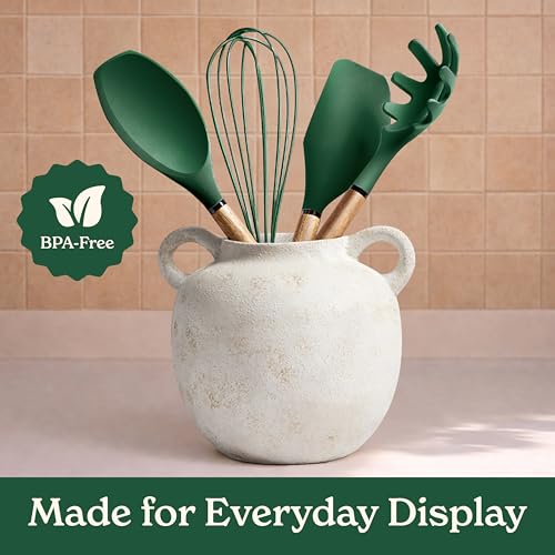 Non Stick Silicone Utensil Set with Rounded Wood Handles for Cooking and Baking (8 Piece Set / Green)