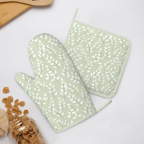 Oven Mitts and Pot Holders Set Sage Green Botanical Leaf Silicone Kitchen Accessories 4 Piece Heat Resistant Long Gloves Potholder Non (C12)
