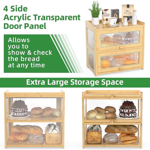 Extra Large Bamboo Bread Box for Kitchen Counter (Natural-Flip Doors)