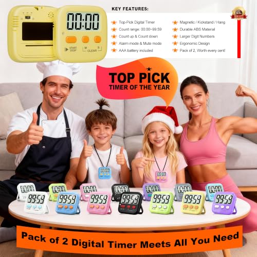 2 Pack Digital Timer for Kids Classroom Kitchen Timers for Cooking (1 * Yellow)
