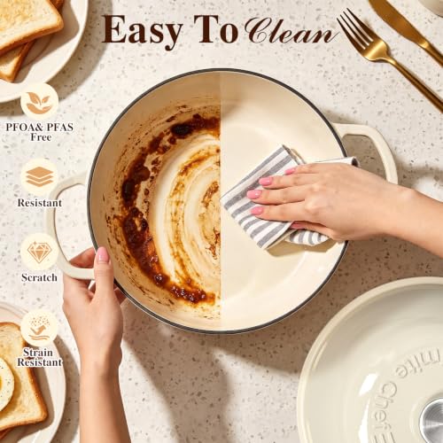 6QT Enameled Cast Iron Dutch Oven for Bread Baking (Cream White)
