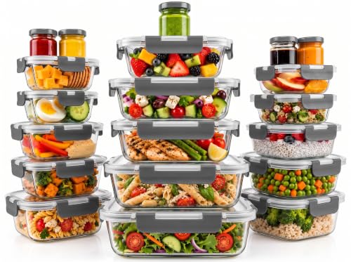 40 PC Glass Kitchen Storage Containers with Lids (Gray)