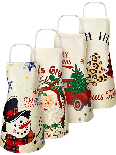 4 Pcs 21.7" x 26.8" Christmas Aprons Adjustable Kitchen Aprons Xmas Plaid Merry Christmas Bib for Adults